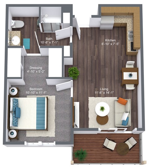 Floor plan for 1 bed, 1 bath, 540 sqft